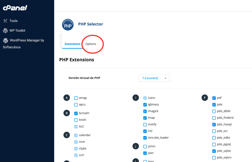 cPanel Selector de PHP Options